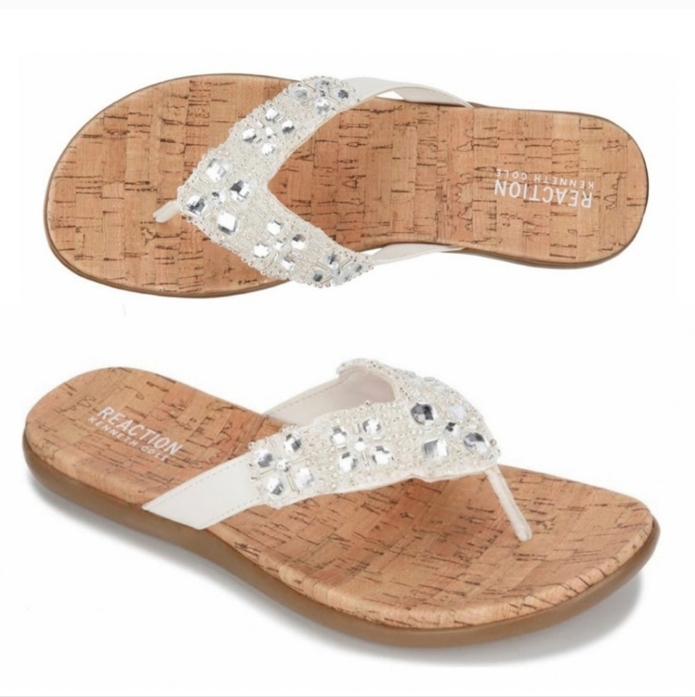 Embellished Kenneth Cole Reaction Glam-Athon Flip Flop Sandal NIB White & Tan